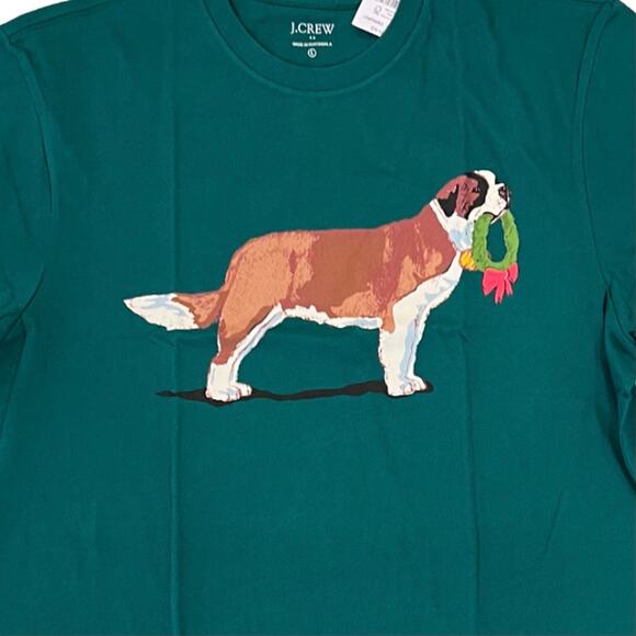 **NWT J. Crew Men's Green W/ Christmas St. Bernard & Wreath Graphic Tee - - Picture 6 of 10